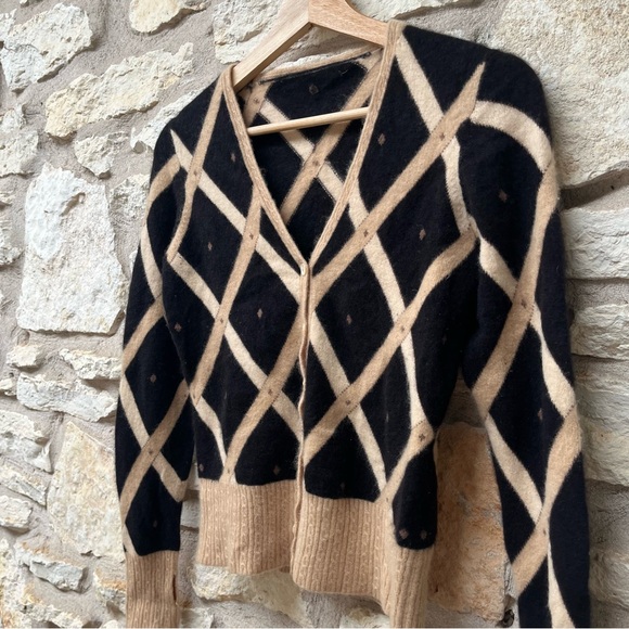 CASHMERE CARDIGAN INTARSIA BLACK/BONE/BEIGE size Small - Picture 4 of 7